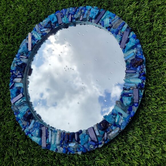 Mirror round with blue crystals - Picture 3 of 7
